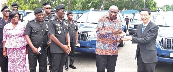 Mochizuki Hisanobu (right), the Japanese Ambassador to Ghana, handing over the keys to the vehicles to Ambrose Dery (2nd from right), the Minister for the Interior. Looking on are Adelaide Anno-Kumi (left), Chief Director, Ministry for the Interior, and Dr George Akuffo Dampare (3rd from right), the Inspector-General of Police. Picture: ELVIS NII NOI DOWUONA Mochizuki Hisanobu (right), the Japanese Ambassador to Ghana, handing over the keys to the vehicles to Ambrose Dery (2nd from right), the Minister for the Interior. Looking on are Adelaide Anno-Kumi (left), Chief Director, Ministry for the Interior, and Dr George Akuffo Dampare (3rd from right), the Inspector-General of Police. Picture: ELVIS NII NOI DOWUONA